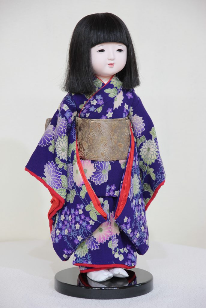 味岡映水作 １３号 市松人形 (５０) 約４７センチ 古布衣装 人毛
