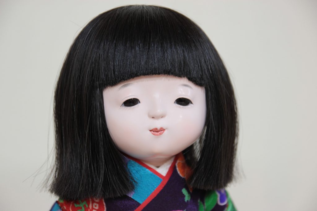 味岡映水作 １０号 市松人形 (２１) 古布衣装 人毛 約３８センチ